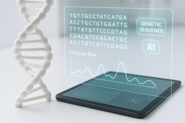 DNA Strand Beside Tablet Displaying AI Hologram of Genetic Sequence and Mutation Risk Chart in Sterile Biotech Lab