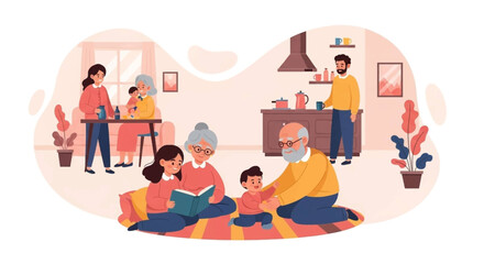 Happy multigenerational family at home, perfect for family-themed websites, brochures, and social media.
