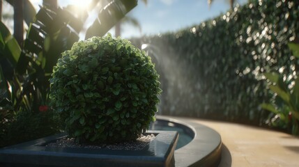 Tropical Garden Design With Round Shrub And Fountain