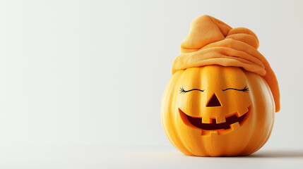 Smiling Halloween pumpkin with a cozy orange hat, showcasing a cheerful expression, placed against a minimalistic background, perfect for festive autumn decorations and seasonal celebrations