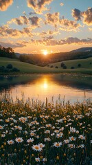 Sunset Over Lake and Daisy Field High Resolution Picture