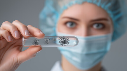 Medical professional in a blue surgical mask and cap holds a test tube containing virus models, showcasing the importance of research and safety in healthcare environments and scientific exploration