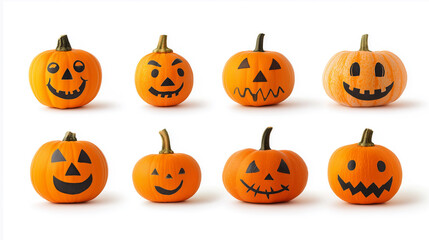 Collection of eight Halloween pumpkins with various carved faces, showcasing vibrant orange colors and unique expressions, perfect for festive decorations and seasonal celebrations