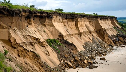 Coastal Erosion Creates Cliff Face on Sandy Beach Under Cloudy Sky