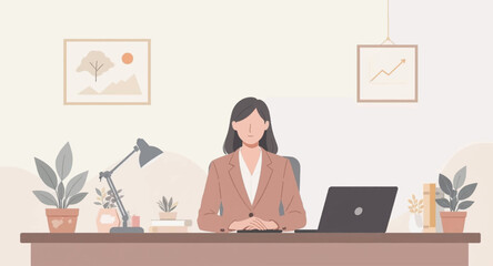 Calm businesswoman working at her desk, perfect for websites or brochures promoting a calm and productive work environment.