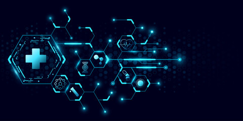 Medical technology diagram featuring interconnected glowing hexagons with healthcare icons. Digital health background for AI in medicine or scientific biotech presentation. Vector illustration.