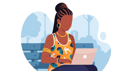 Woman working on laptop in park, ideal for website banners or social media posts.