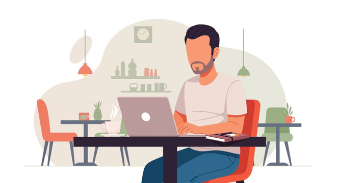 Man working on laptop in a cafe, perfect for website banners or blog posts about remote work.