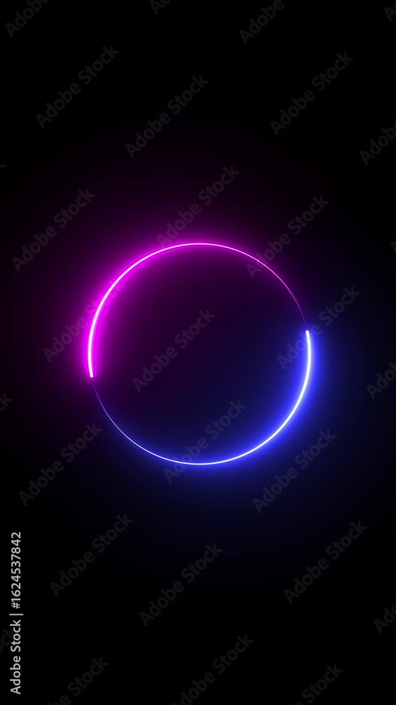 Poster neon animation of circle shape on black background, fast moving blue rays. glowing lines, 4k animate