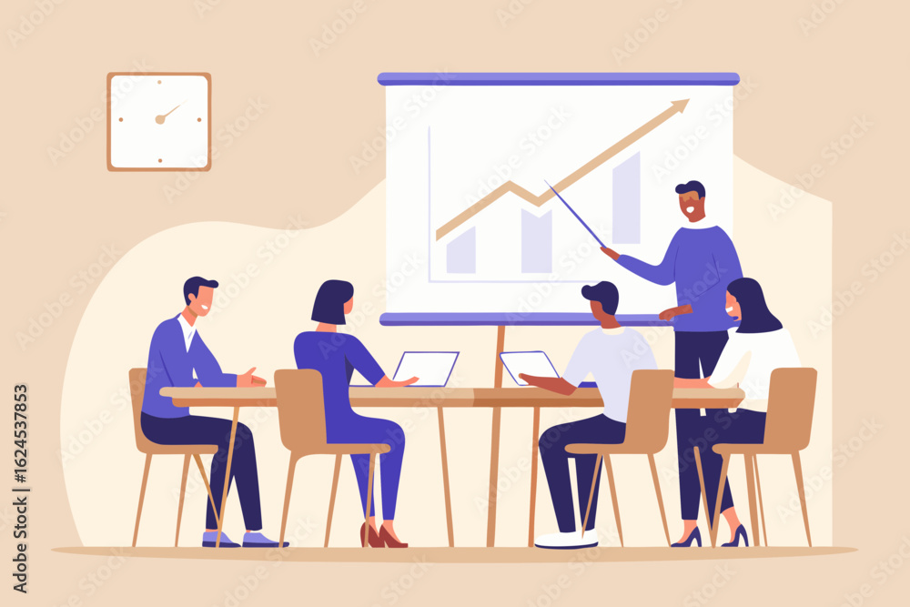 Poster diverse team in a modern office discusses business growth and strategy during a meeting with a prese