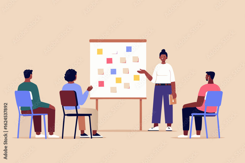 Poster diverse group of people attending a workshop or presentation with a facilitator using a whiteboard w