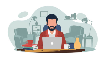 Man working from home on laptop, illustration for remote work, freelance, or home office concepts.