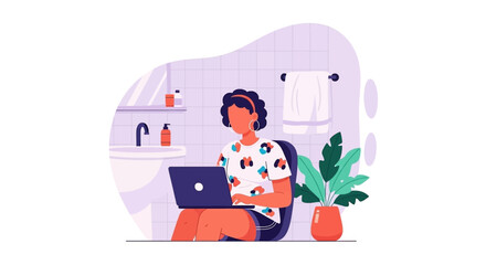 Woman working on laptop in bathroom - Illustration for blog, website or social media.