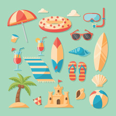 A vibrant collection of flat design icons for a summer beach vacation.