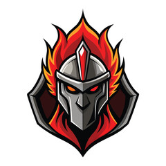 Aggressive warrior helmet with fiery accents, isolated on white background, representing power and combat in esports and gaming