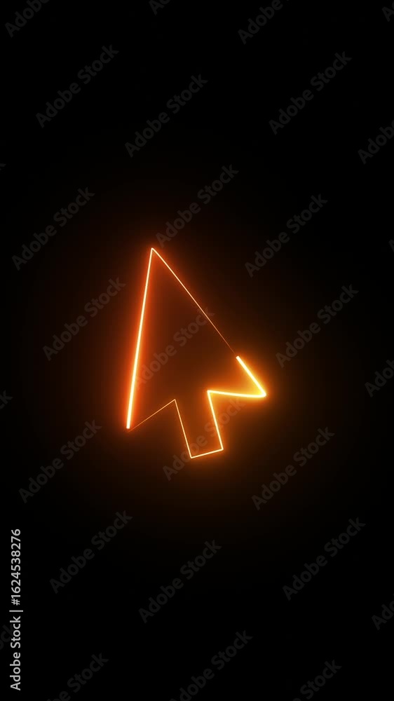 Poster animation of neon mouse pointer sign on black background, fast moving blue and pink rays to both sid