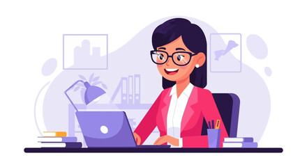 Happy businesswoman working on laptop in modern office. Perfect for websites, blogs, and presentations.