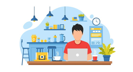 Man working on laptop in a cozy cafe, perfect for blog posts about remote work or freelance lifestyle.