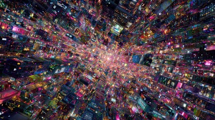 Abstract aerial view of a vibrant city, colorful at night. Perfect for technology, future, and urban design projects.