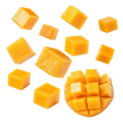 Flying mango cubes isolated