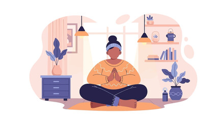 Woman meditating at home, perfect for wellness websites or mindfulness apps.