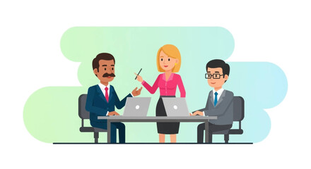 Diverse business team collaborating on laptops during a meeting. Ideal for websites, presentations, and marketing materials.