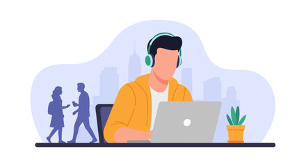 Man working on laptop with headphones, city background - perfect for website banners, blog posts, and social media.