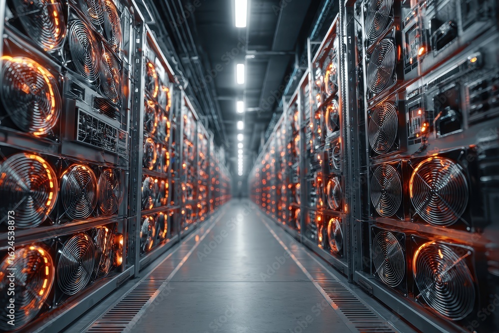 Poster a long aisle between cryptocurrency mining hardware with glowing orange lights. ideal to illustrate 
