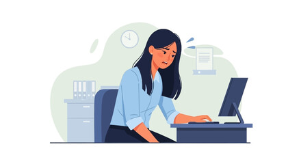 Stressed businesswoman working on computer, ideal for websites or presentations about workplace stress, burnout, or deadlines.