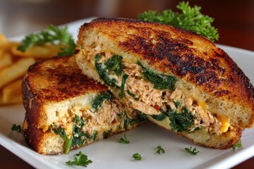 Grilled sandwich with tuna and spinach on a white plate, served with fries. Use it for menu, recipe blog, or anything about food and healthy eating.