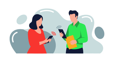 Wireless Data Transfer: Illustration of two colleagues exchanging information using smartphones, perfect for tech blogs or presentations.