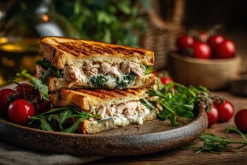 Grilled tuna melt sandwich, with spinach and tomatoes on a rustic plate. Use it for food blog posts or healthy eating campaign visuals.