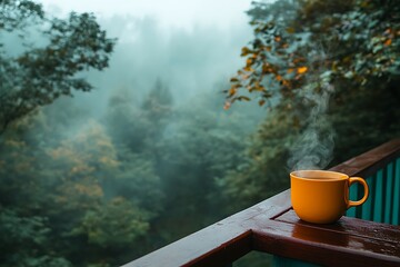 Steaming cup of tea on a misty balcony rail, overlooking a foggy morning forest 