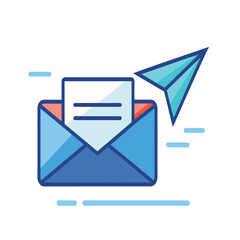 Open envelope with a document inside and a paper airplane flying out, symbolizing sending an email or message, depicted in a modern flat design style, isolated on a white background