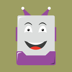 A rectangular purple and gray robot with two antennae on top, big smiling mouth with red tongue, and wide open eyes. It has side panels and is set against an olive green background.