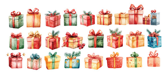 Watercolor Christmas gifts box, presets, ribbons and pine branches decor illustration set
