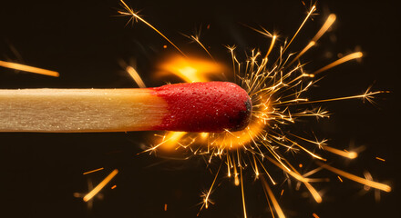 A burning matchstick ignites, creating a vibrant burst of sparks against a dark background.