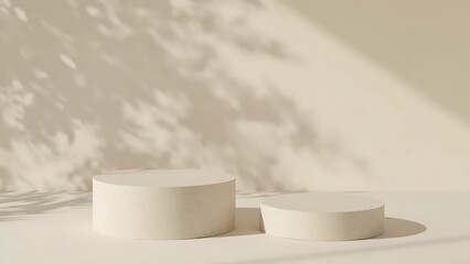 Two beige stone podiums showcase cosmetic products in a minimalist scene with plant shadows and sunlight on a neutral background