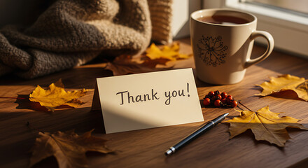 A heartfelt 'Thank you' note on a wooden windowsill with autumn leaves, a warm mug of tea, and a cozy blanket in sunlight.