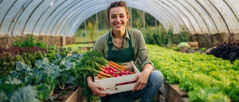 The woman smiling while holding a crate of fresh vegetables in a greenhouse. - Powered by Adobe