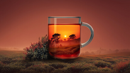 A transparent glass of tea prominently features a vibrant sunset blending into a serene nature setting adorned with florals. This image evokes warmth and tranquility.
