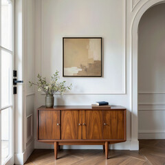 An elegant, light-filled entryway featuring a classic wooden chest of drawers, a large abstract painting, and tasteful decor creating a warm and welcoming ambiance.
