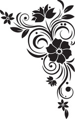 Ornate Floral Corner Design with Swirling Vines and Flowers in Black and White decoration ornament