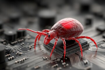A red bug crawls on a CPU chip with the circuit board in the background. Symbolizes viruses, malware, and security flaws in computer technology.