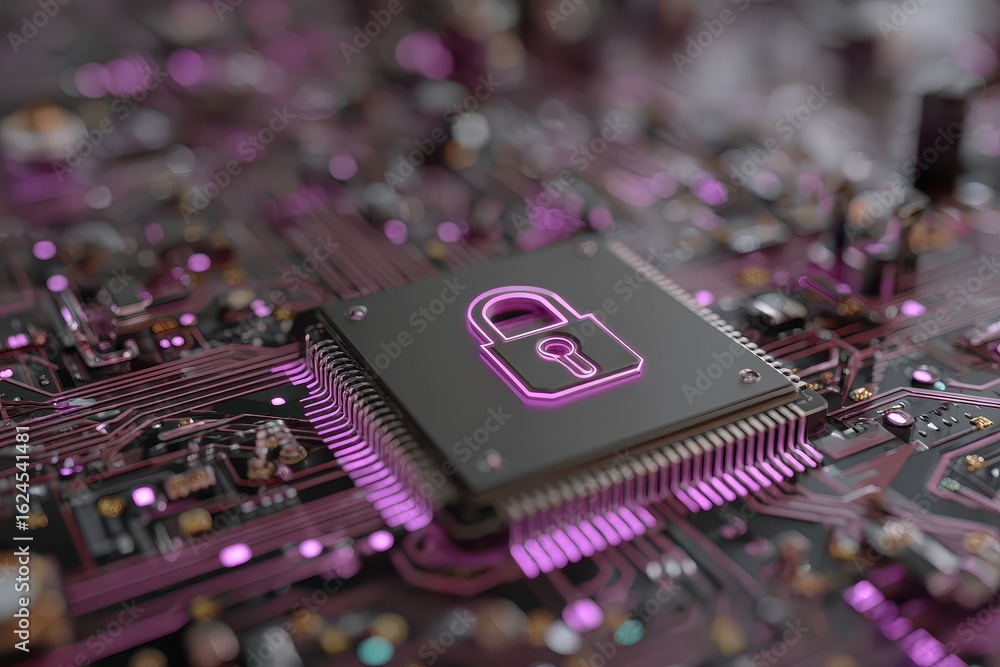 Poster cyber security padlock on a computer chip, pink circuits. it visualizes data encryption, privacy, an