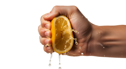 Fresh Lemon Squeezed with Juice Dripping from Hand Isolated on Transparent Background