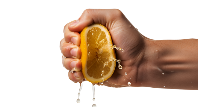 Fresh Lemon Squeezed with Juice Dripping from Hand Isolated on Transparent Background