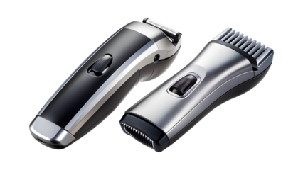 Two electric hair trimmers for mens grooming isolated on transparent background