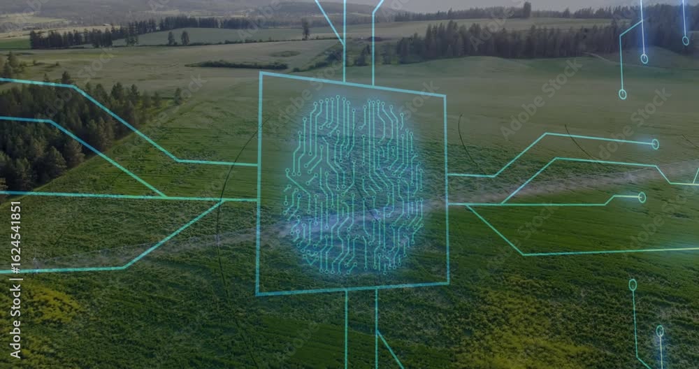 Aufkleber opening field view starting neon square, circuit lines extending, ring morphing into brain circuit