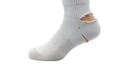 Worn-Out White Sock with Hole in Heel Isolated on Transparent Background